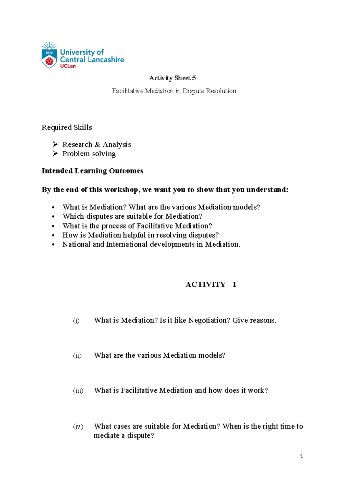 Lecture Notes 5: Facilitative Mediation in Dispute Resolution - Studocu