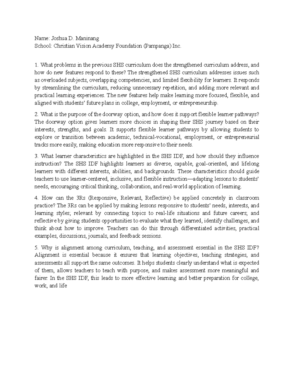 SHS Curriculum Strengthening: Key Insights and Applications - Studocu