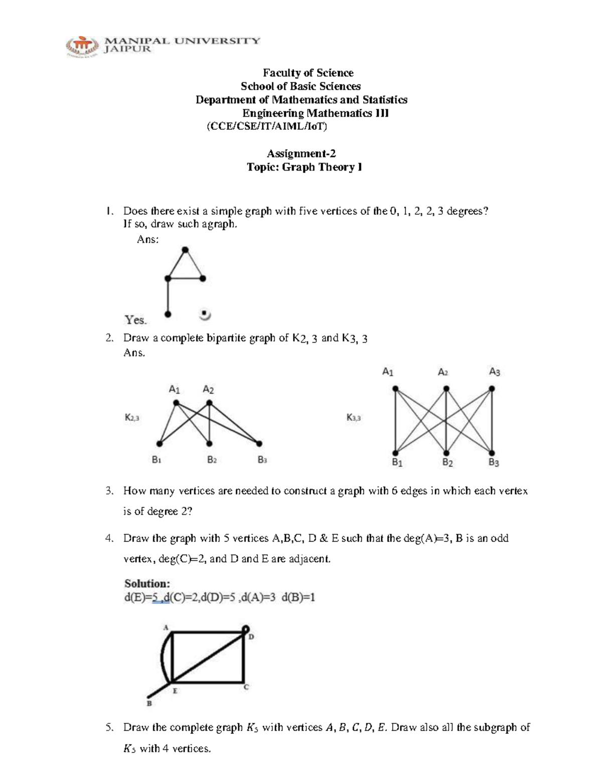 Graph Theory I Assignment 2 for Engineering Mathematics III - Studocu