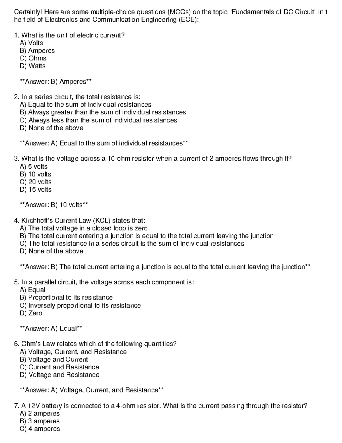 Fundamentals of DC Circuits: MCQs for ECE Exam Prep - Studocu