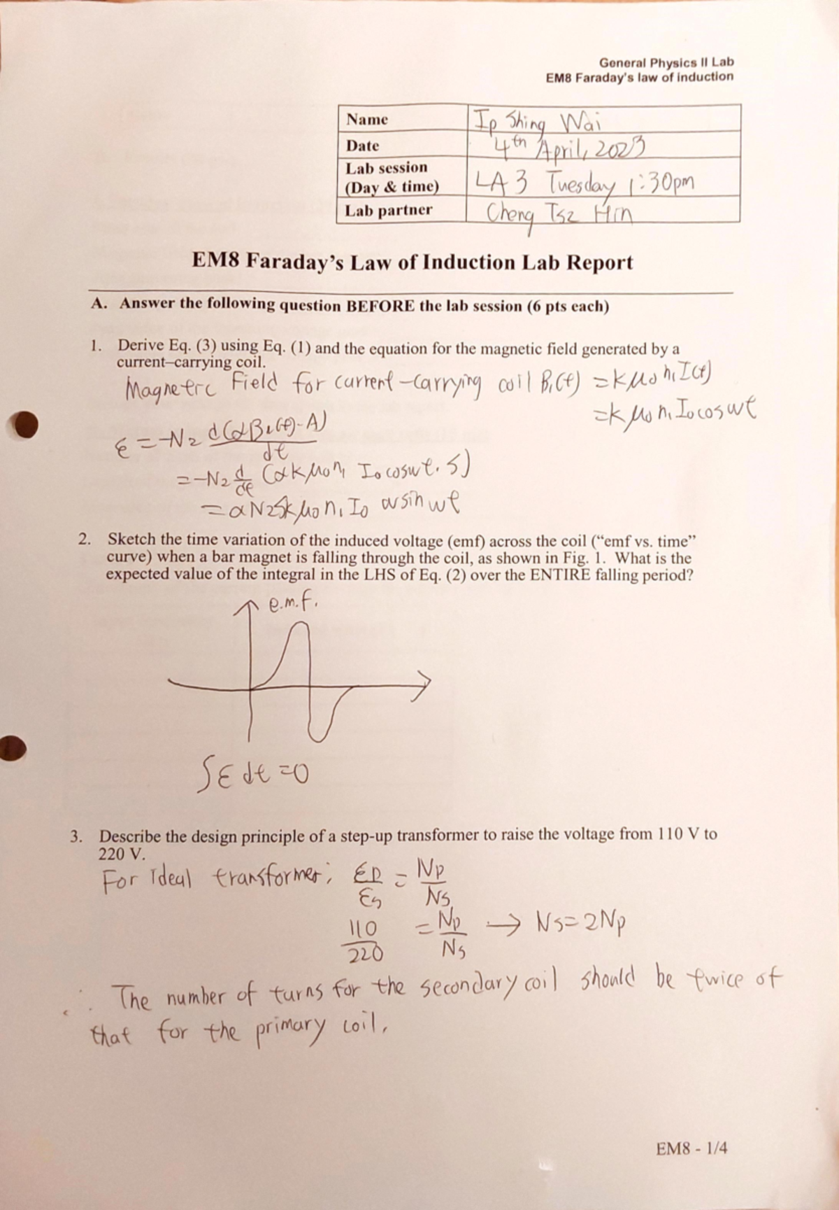 EM8 Faraday's Law of Induction Lab Report - Part A Analysis - Studocu