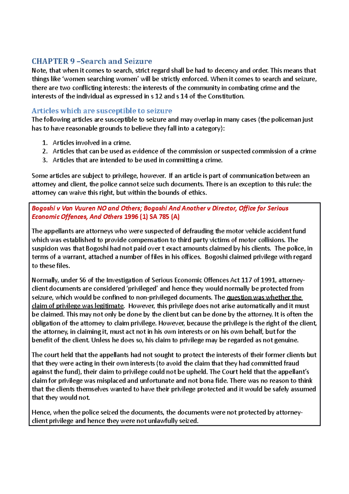 Chapter 9: Search and Seizure - Detailed Notes and Analysis - Studocu