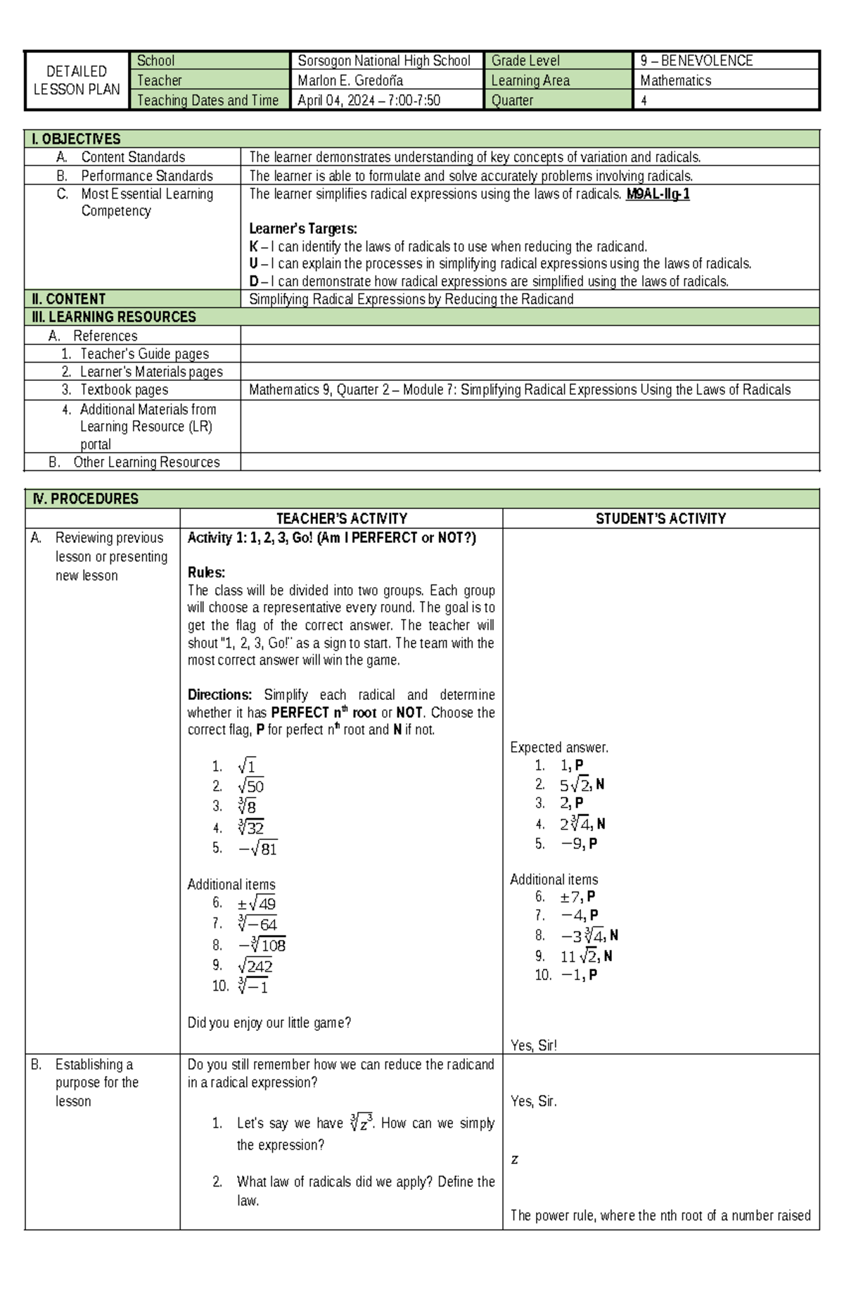 Lesson Plan: Simplifying Radical Expressions in Math 9 - Studocu