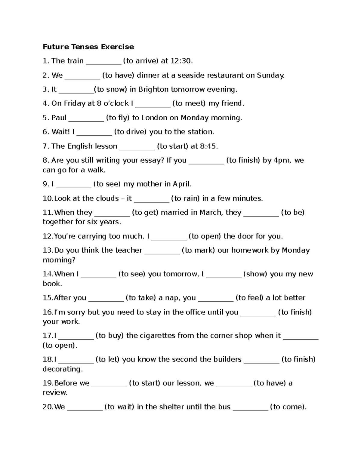 Future Tenses Exercise 1: Verb Forms Practice - Studocu
