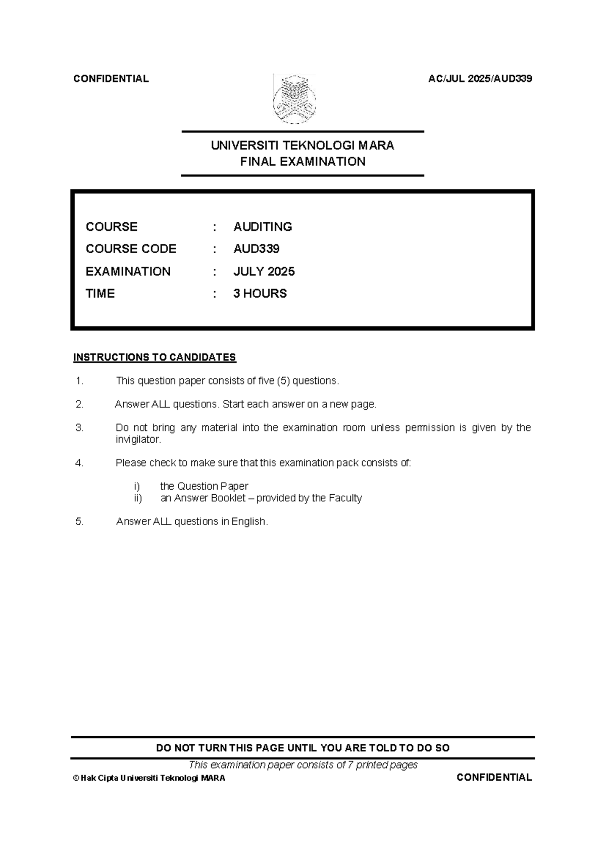 AUD339 Final Exam Paper - Auditing July 2025 - Studocu