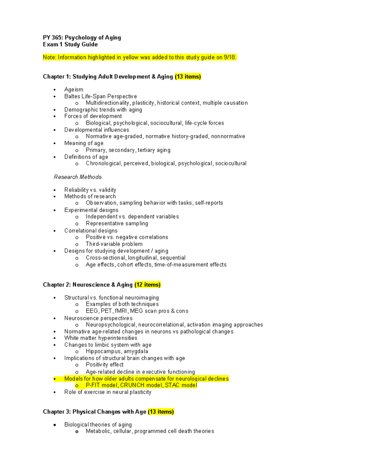 PY 365: Psychology of Aging Exam 1 Study Guide & Key Concepts - Studocu