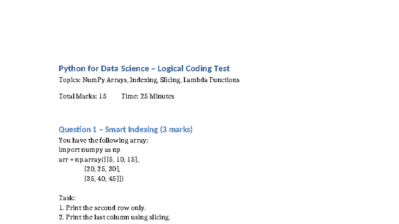 Python for Data Science Test: NumPy Arrays & Lambda Functions - Studocu
