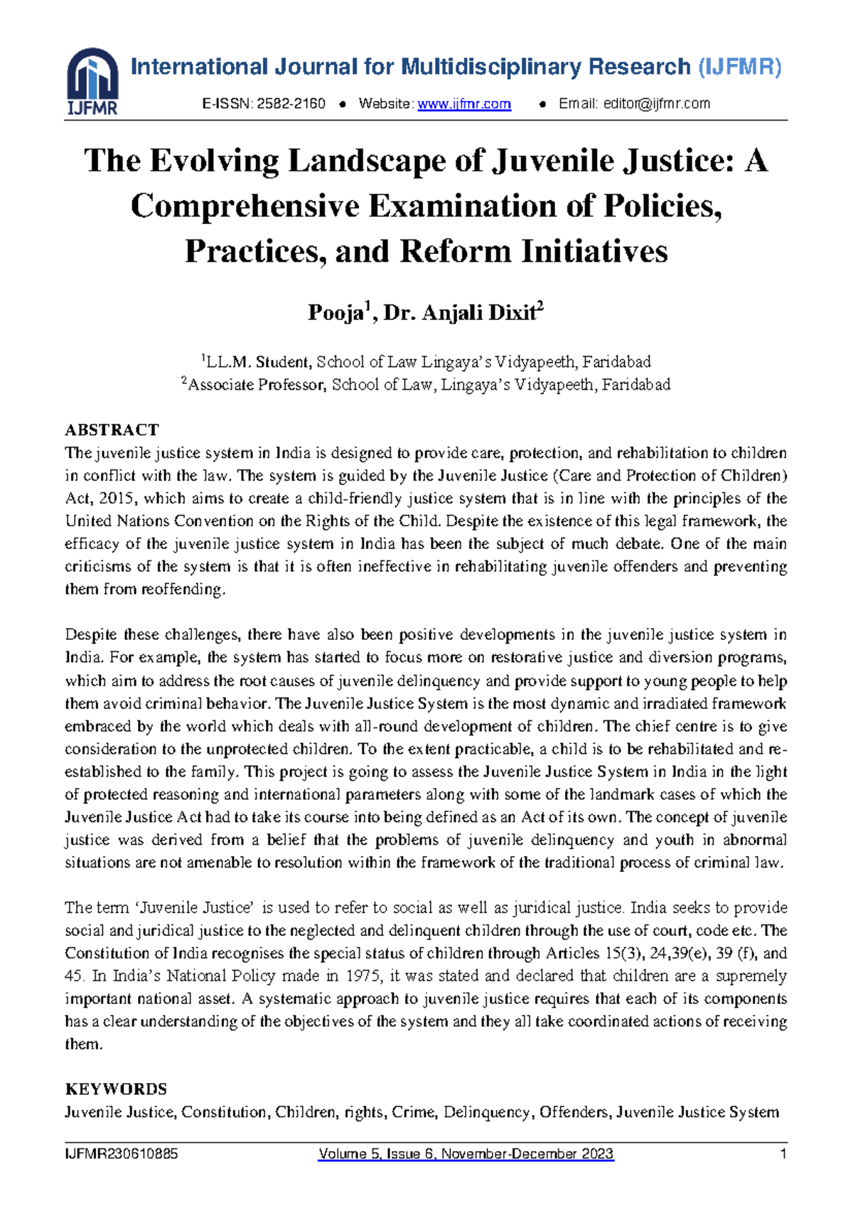 IJFMR230610885: Analyzing the Evolution of Juvenile Justice in India ...