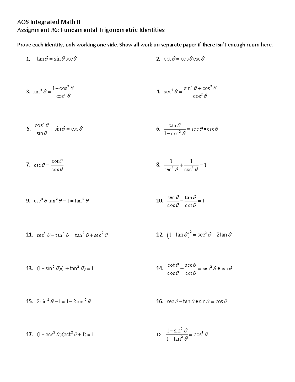 AOS Integrated Math II Assignment #6: Proving Trigonometric Identities ...