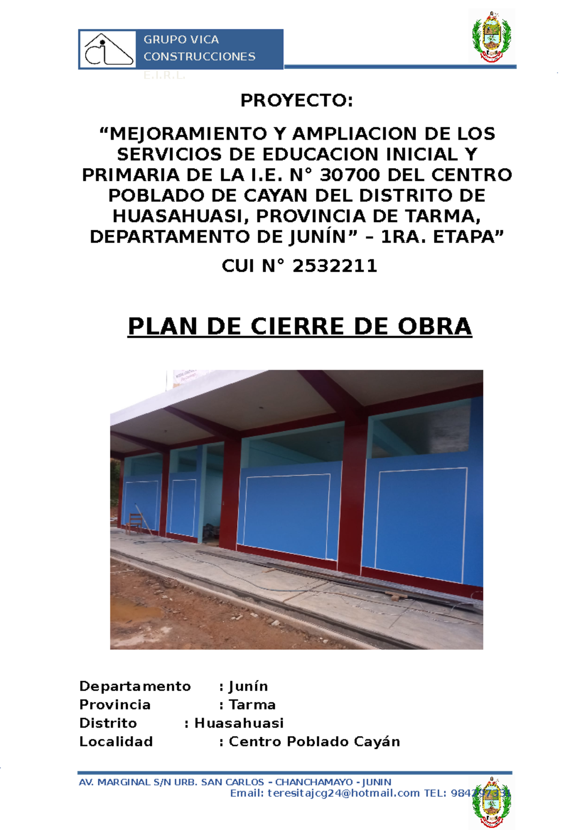 Plan de Cierre de Obra para el Proyecto I.E. N° 30700 en Cayan - Document Preview