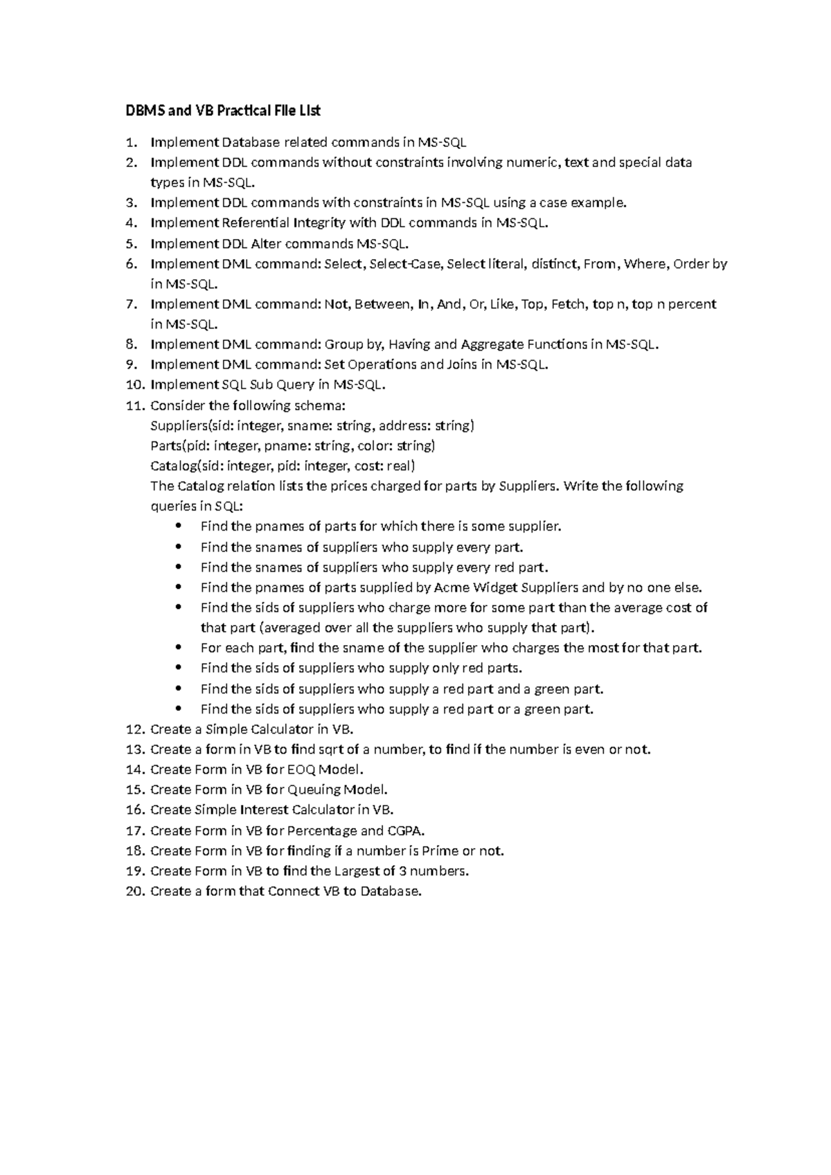 List of Practicals -DBMS - DBMS and VB Practical File List Implement ...