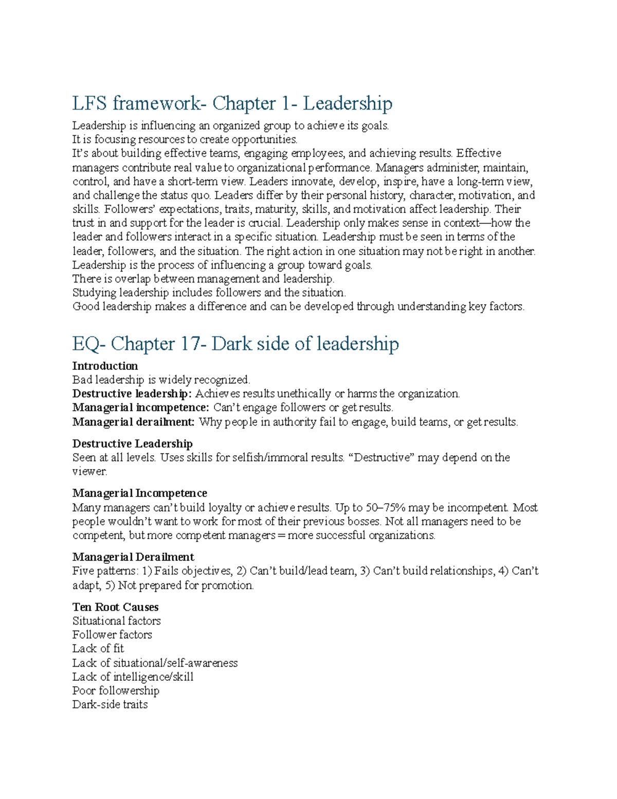 LFS Framework - Final Exam Leadership Concepts and Challenges - Studocu