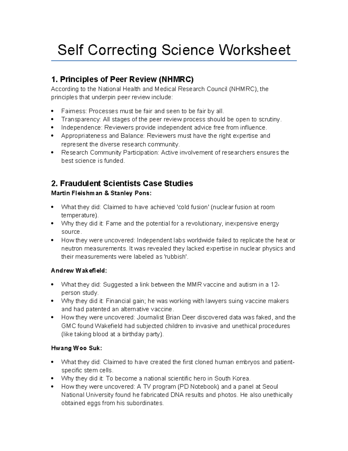 Self-Correcting Science Worksheet: Principles of Peer Review (NHMRC ...