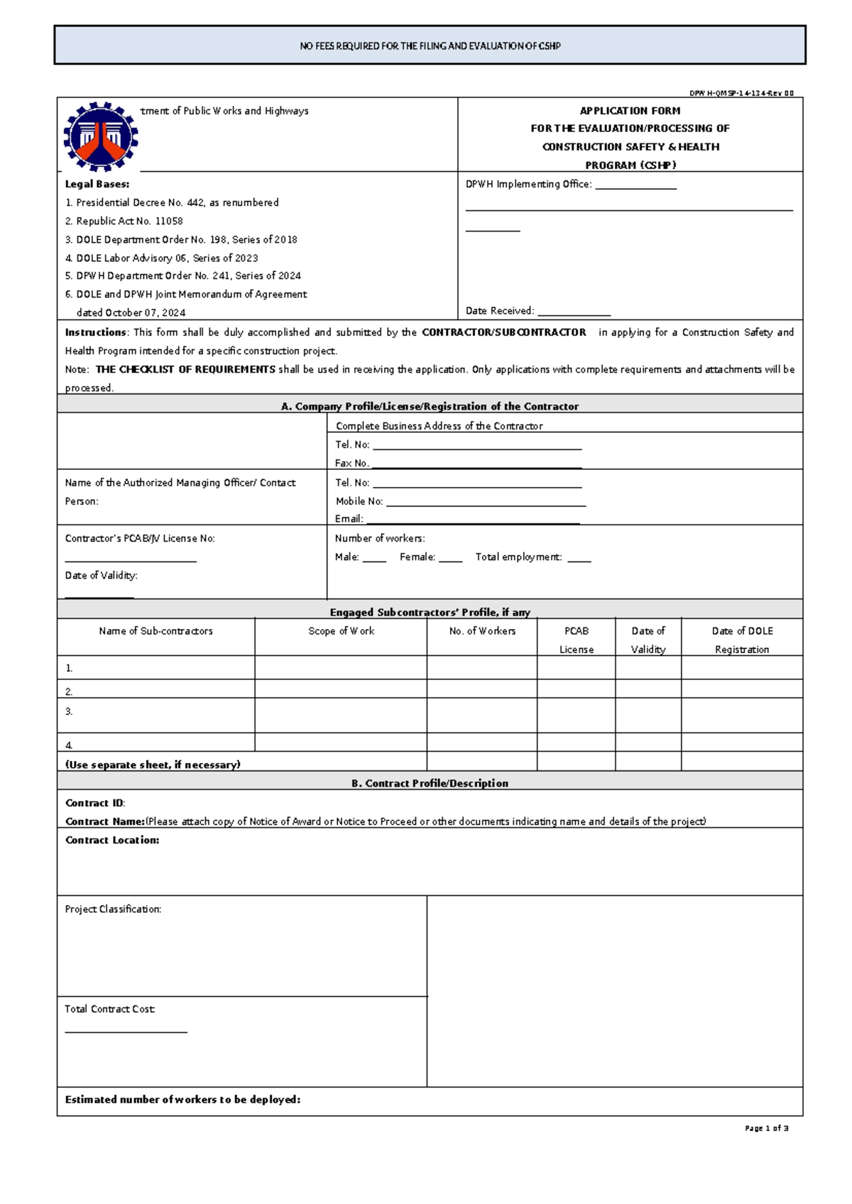Application Form for CSHP Evaluation - DPWH 00 - Studocu