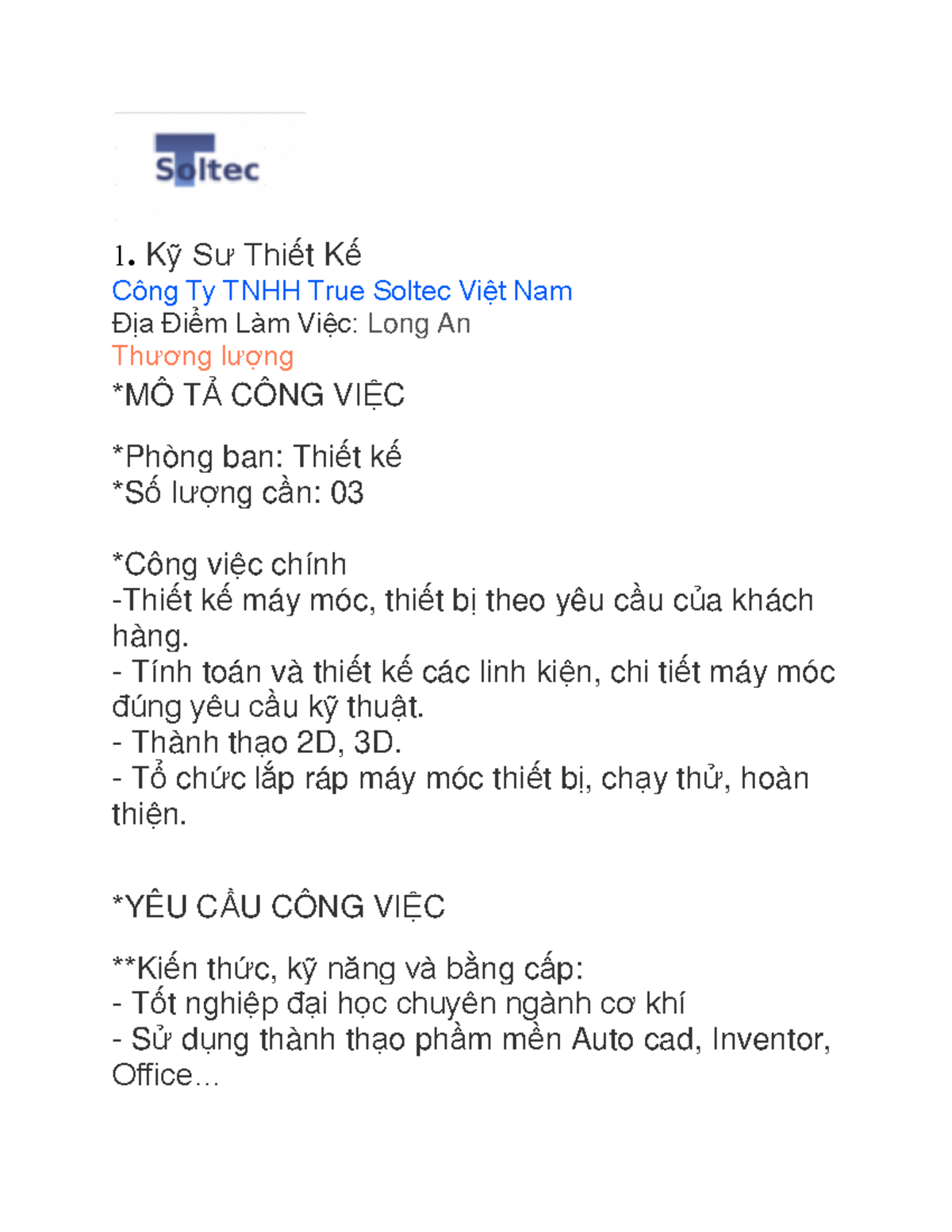 Tìm hiểu thị trường lao động - 1. Kỹ Sư Thiết Kế Công Ty TNHH True ...