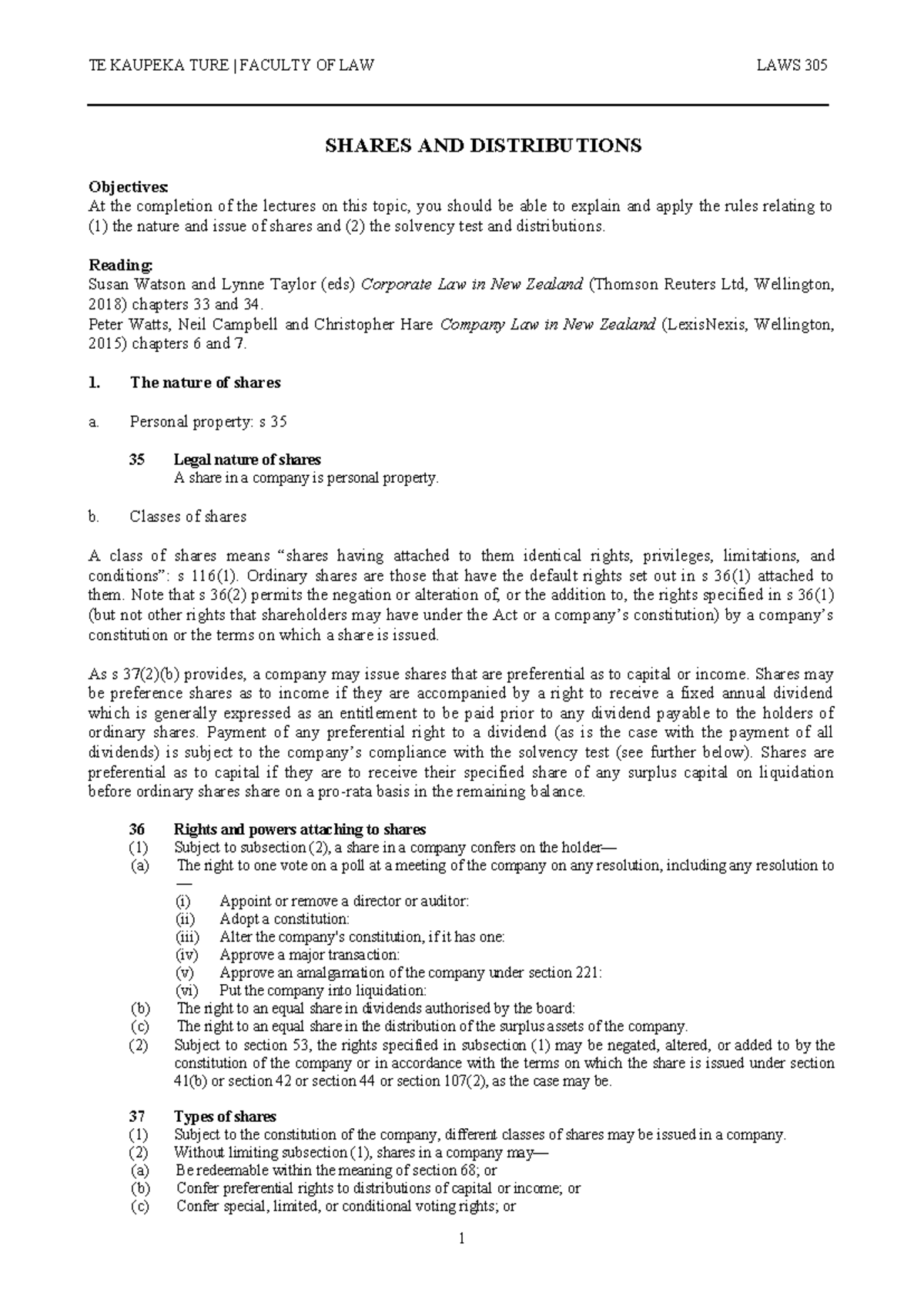 LAWS 305 Final Exam Notes: Shares and Distributions Overview - Studocu