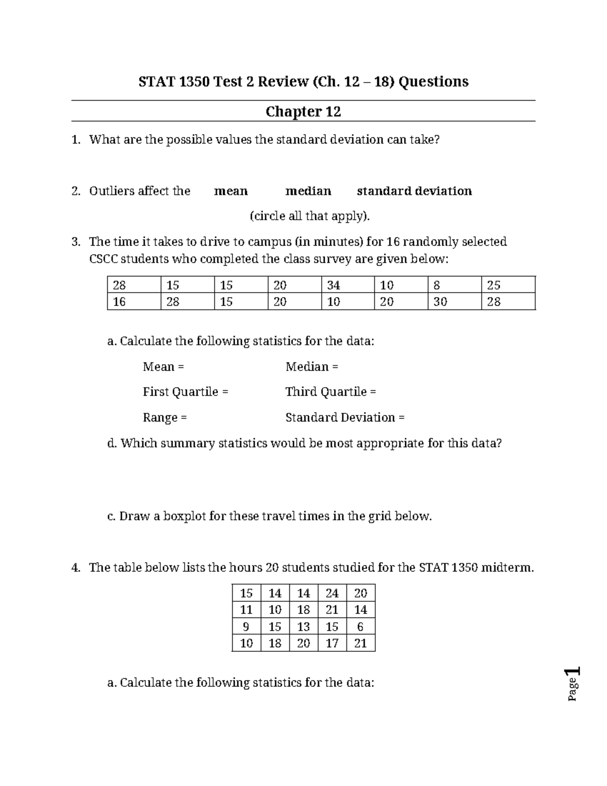 STAT 1350 Test 2 Review (Ch. 12 – 18) Questions - Studocu