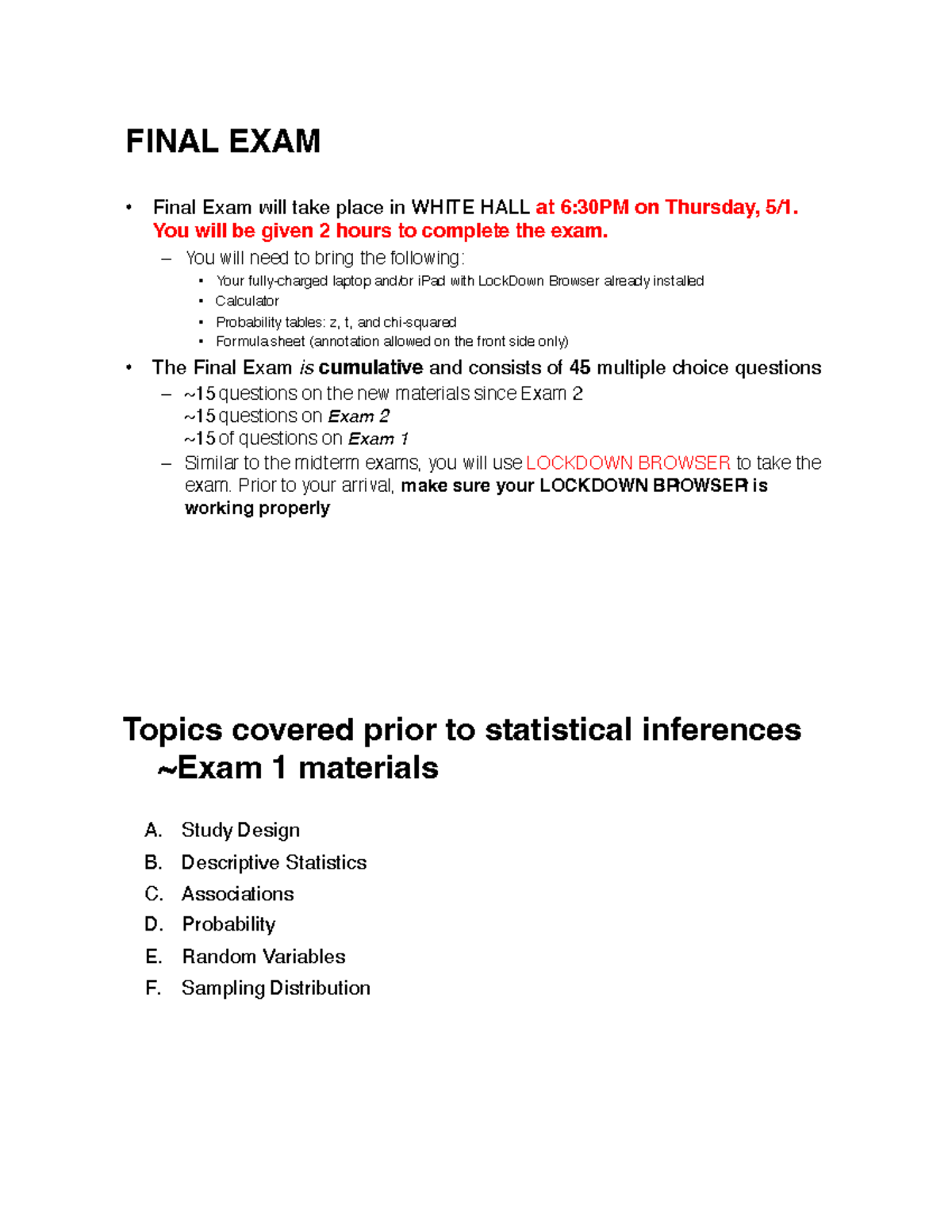 Statistical Inference Methods: Exam 2 Review for Course 25S - FINAL ...