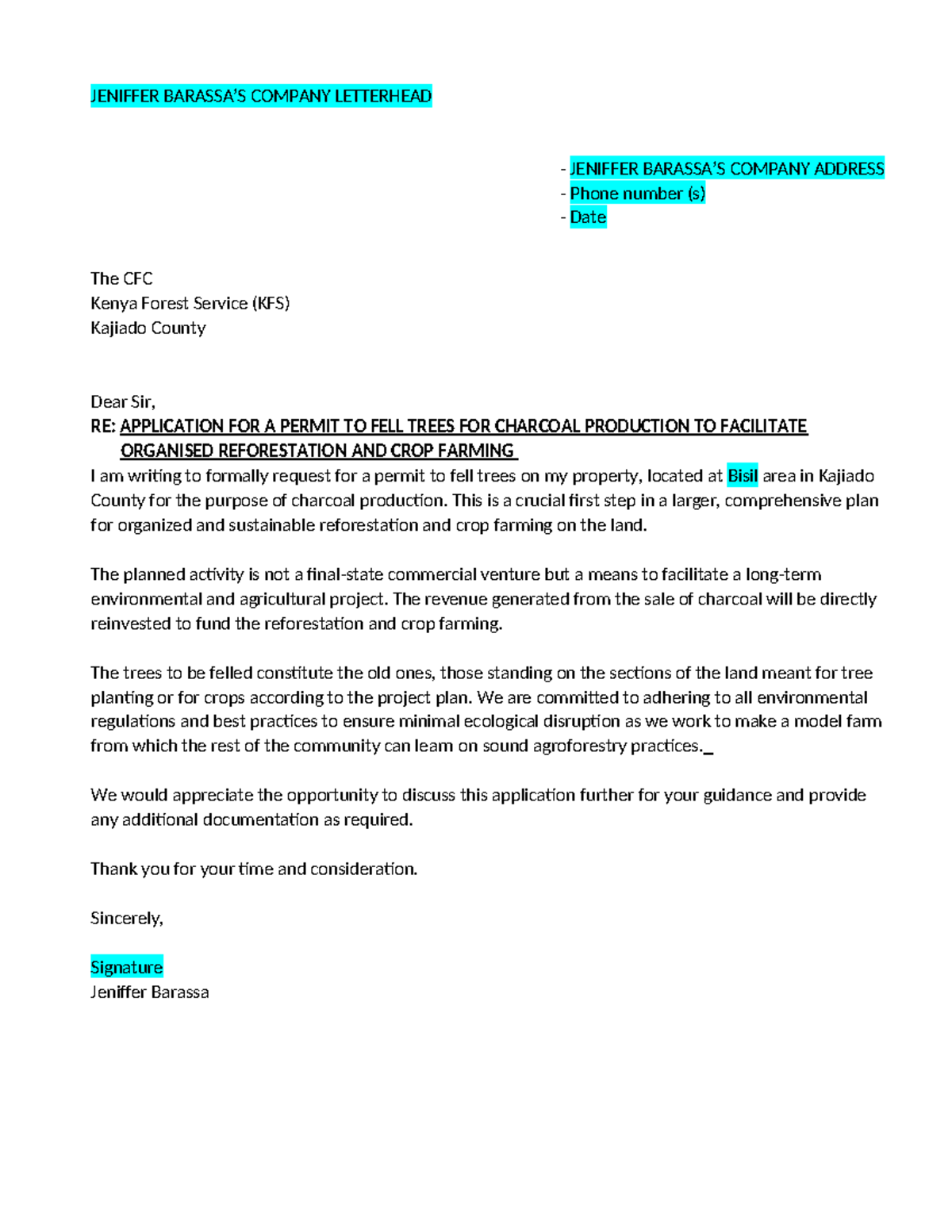 JEN 101: Application Letter for Charcoal Production Permit - Studocu
