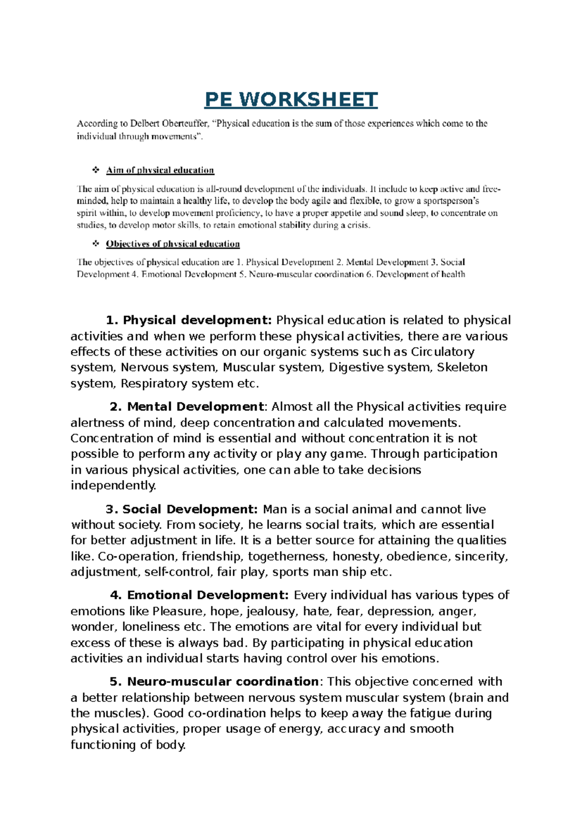 PE Worksheet - PE WORKSHEET Physical development: Physical education is ...
