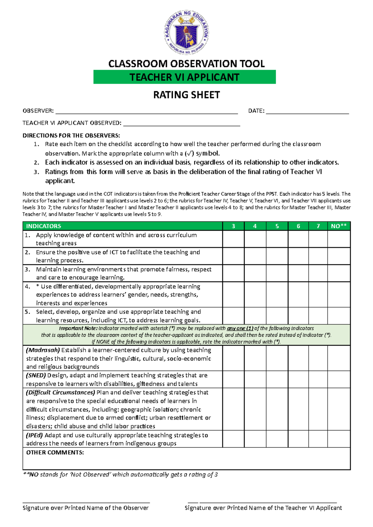 COT Rating Sheet for Teacher VI Applicant Evaluation - Document Preview