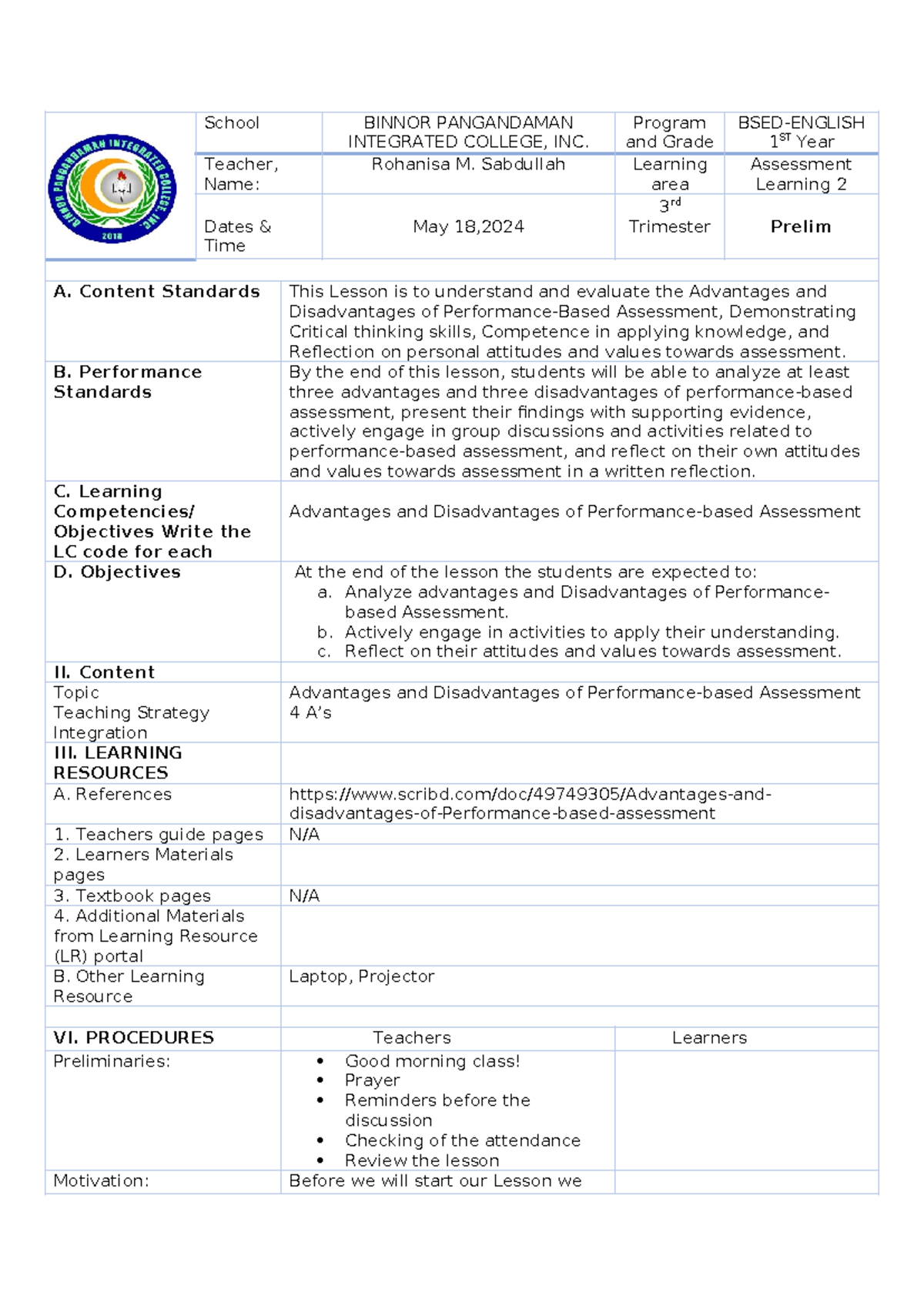 Lesson Plan on Advantages & Disadvantages of Assessment (4As) - Studocu