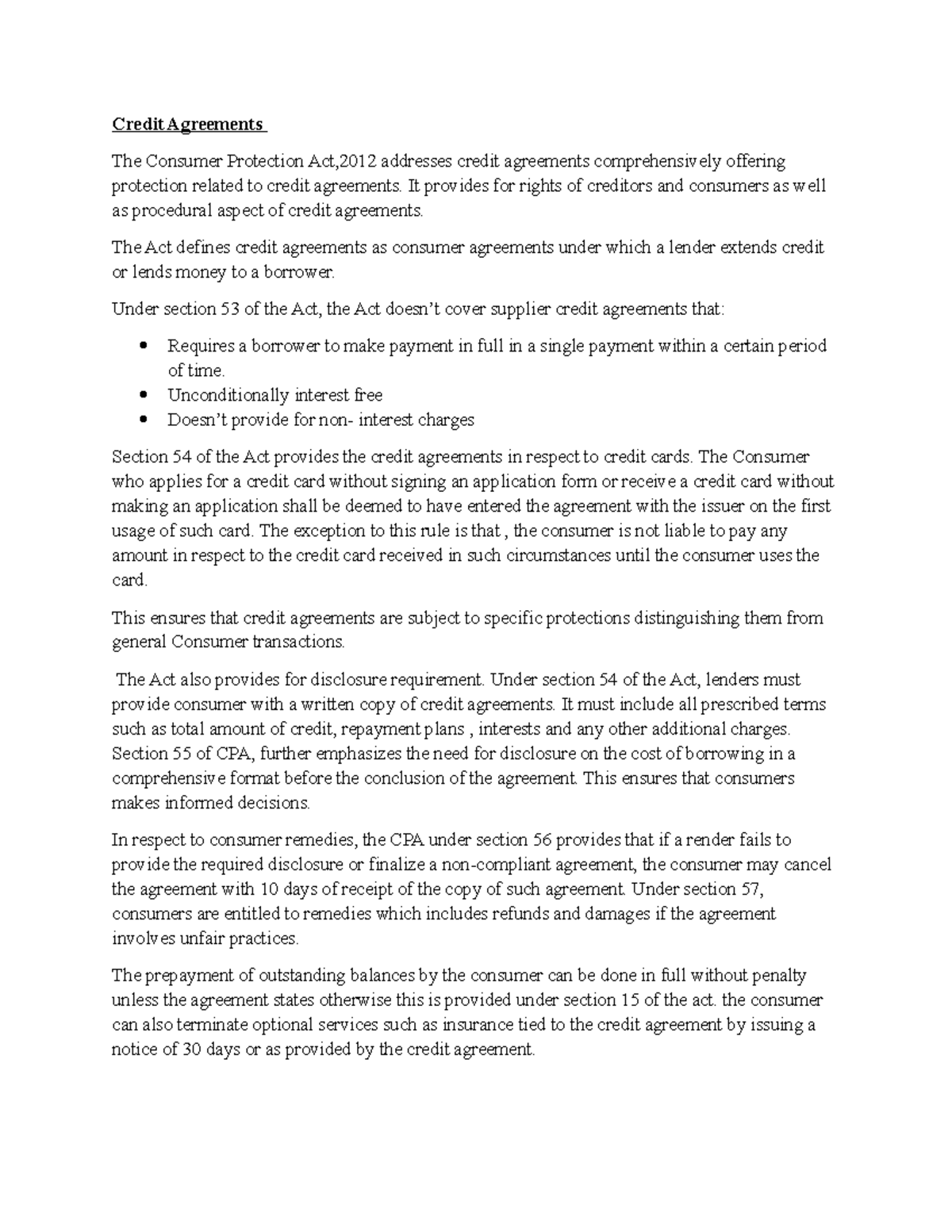 Credit Agreements Under The Consumer Protection Act, 2012 - Studocu