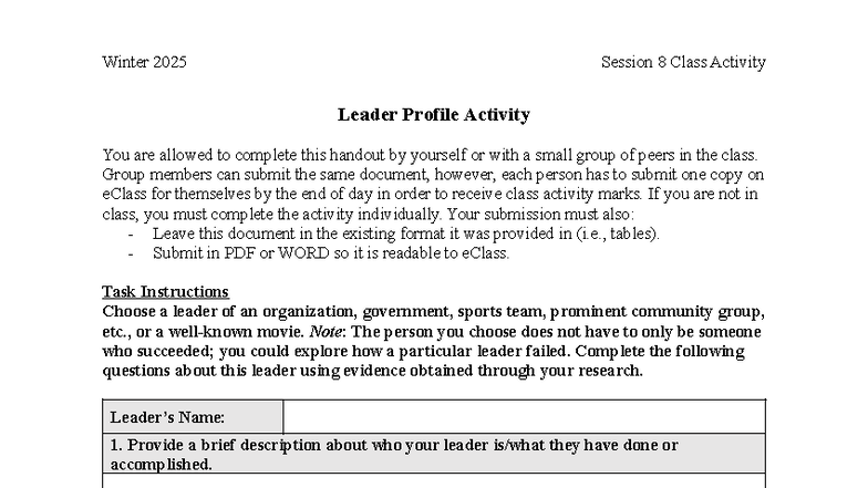 ADMS2400 Winter 2025 Session 8 Leader Profile Activity Guide - Studocu