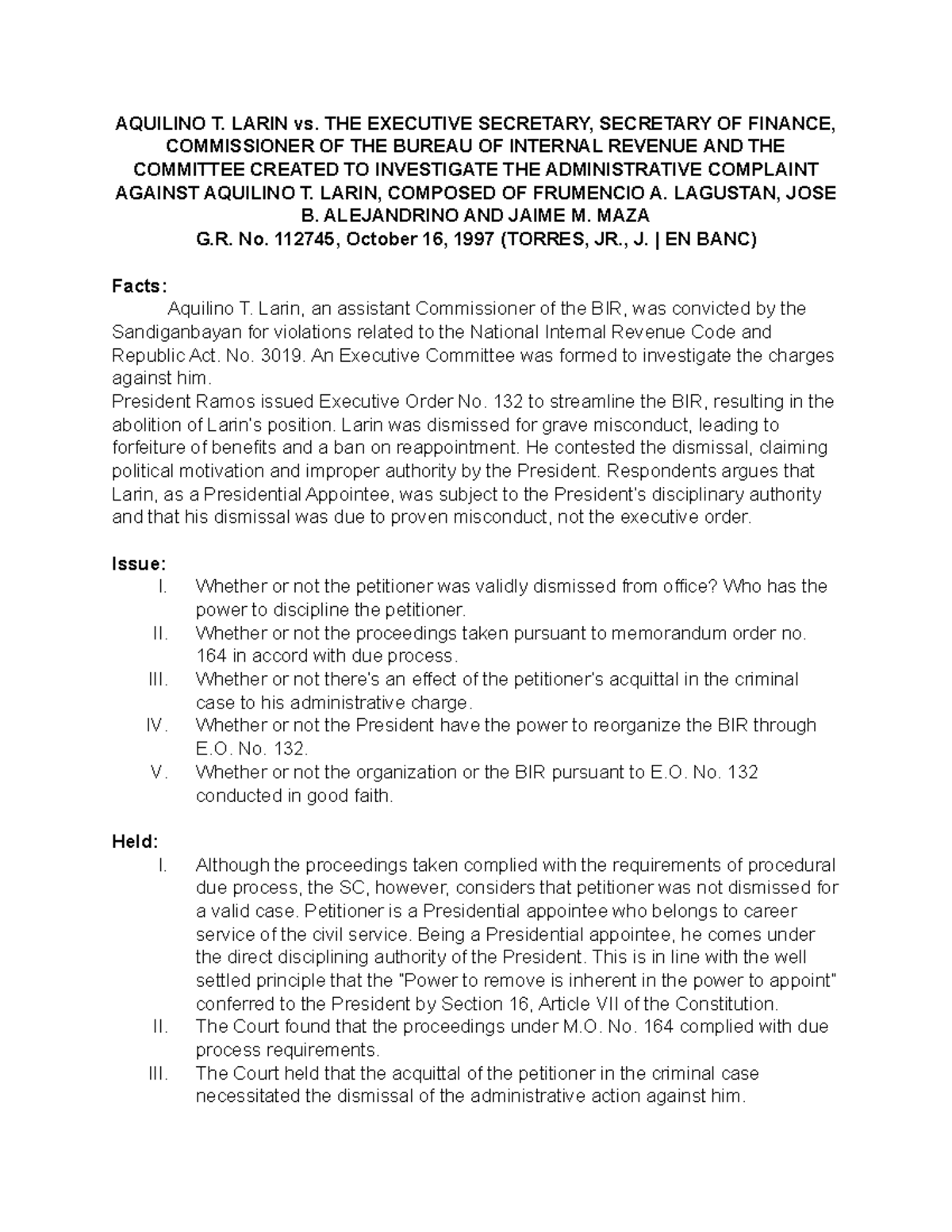 AQUILINO T. LARIN vs. EXEC. SECRETARY: Dismissal & Due Process Analysis ...