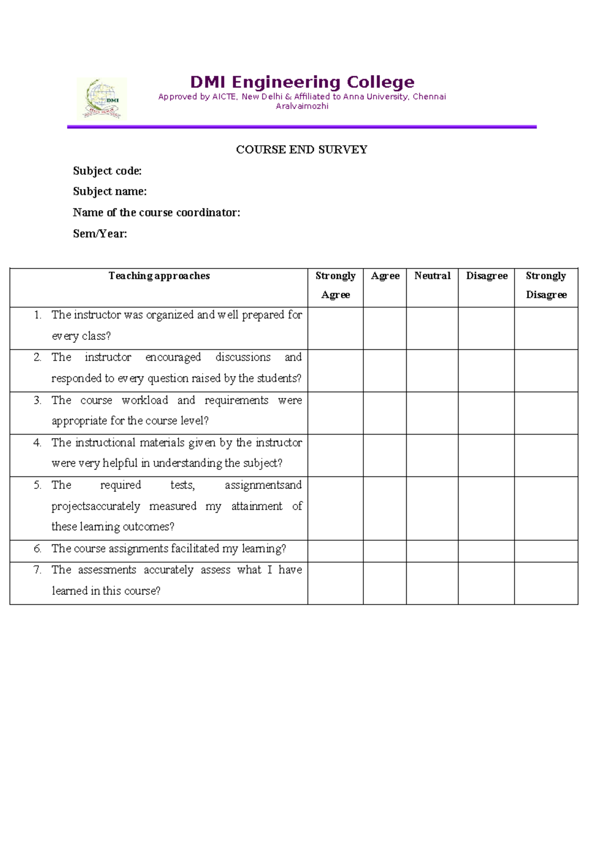 Course End Survey - CSE: Feedback on Teaching & Learning Experience ...