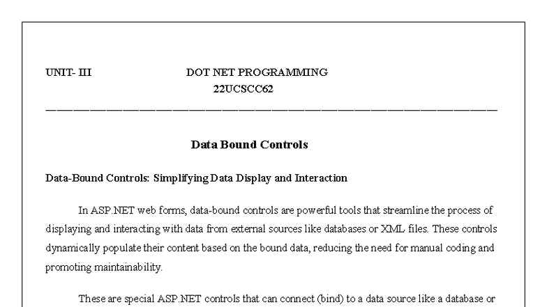 DOT NET PROGRAMMING 22UCSCC62: Data Bound Controls Overview - Studocu