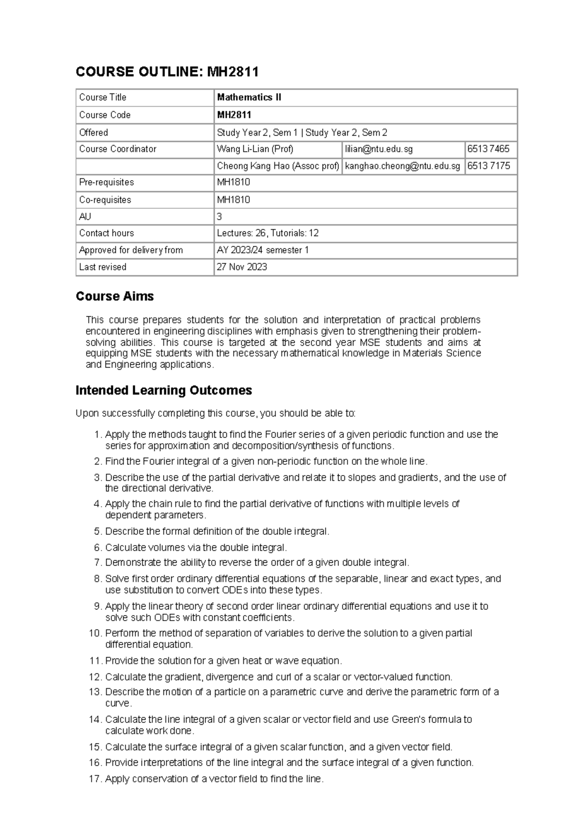 MH2811 - Mathematics II Course Outline and Learning Objectives - Studocu