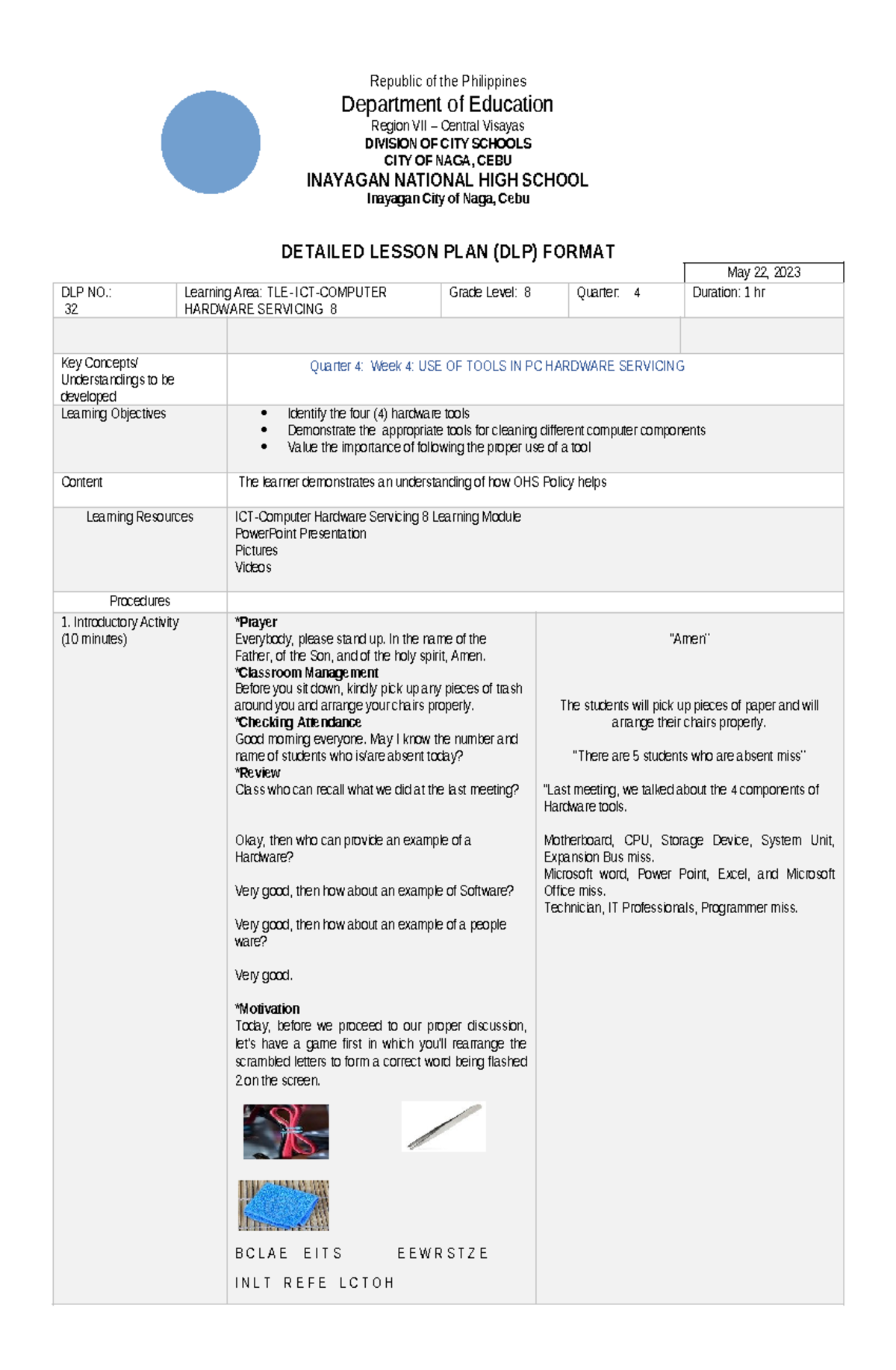TLE LP NO 32: Detailed Lesson Plan on PC Hardware Servicing - Studocu