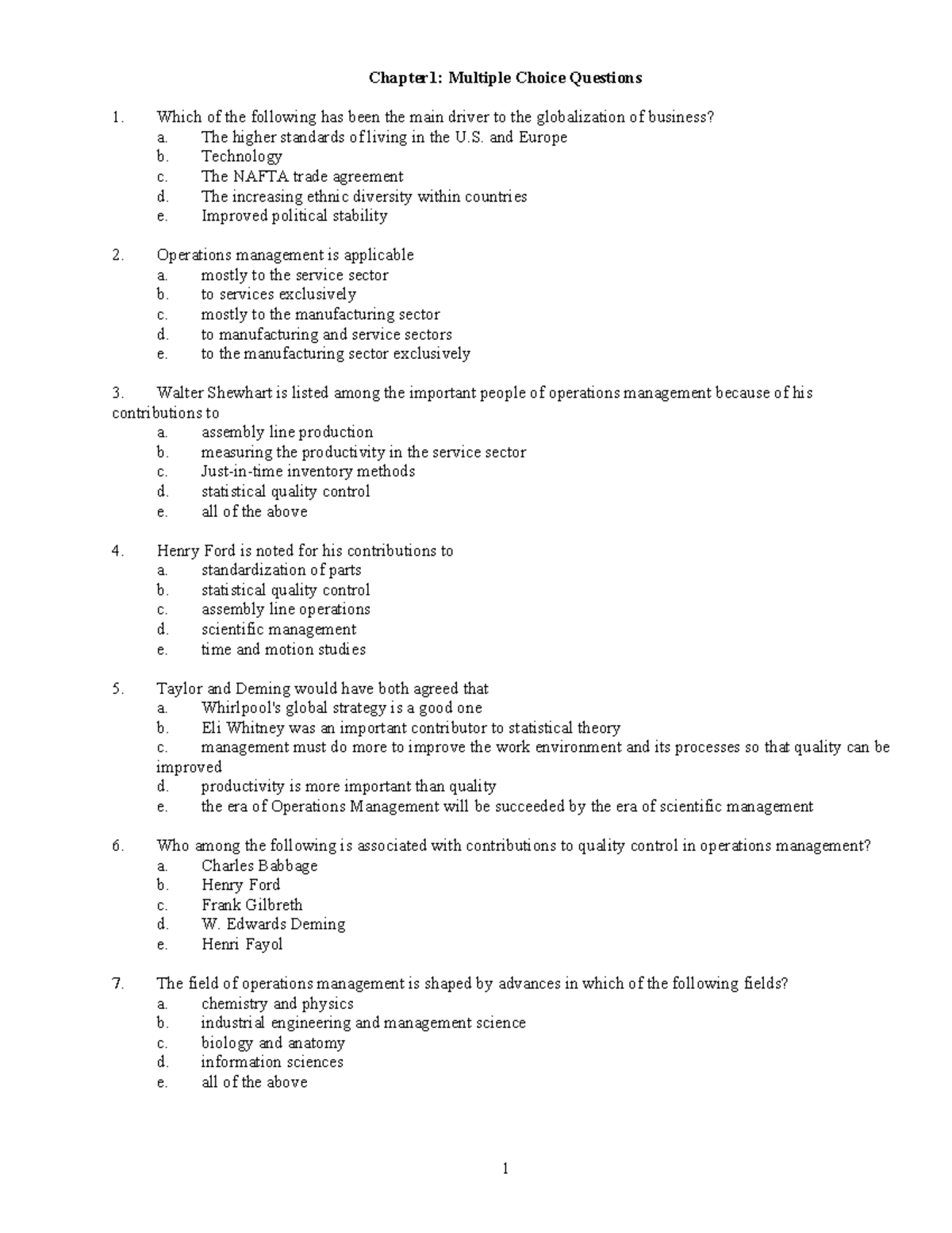 Chap1: MC Questions & Answers on Operations Management Concepts - Studocu