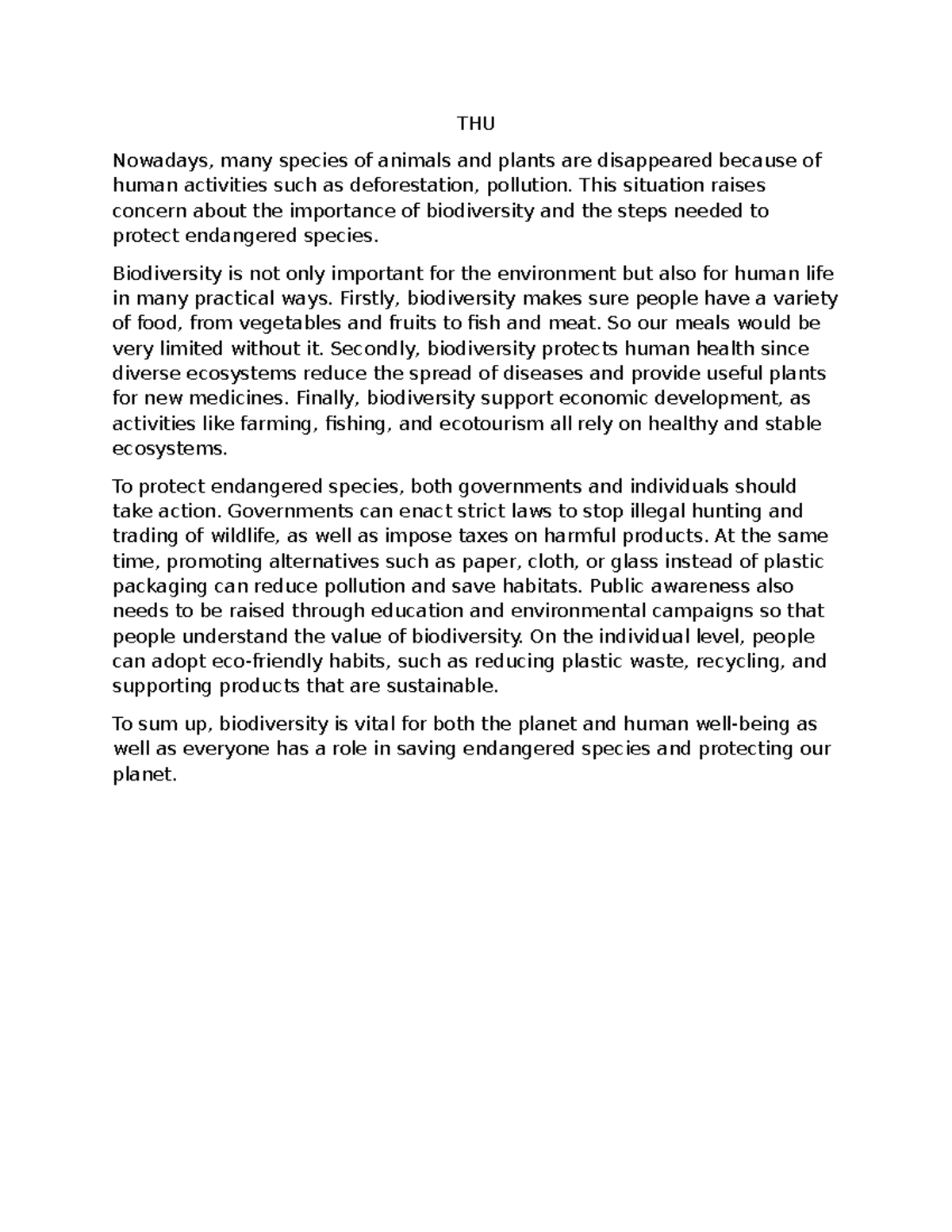 Essay 3 - The Importance of Biodiversity and Conservation Efforts - Studocu