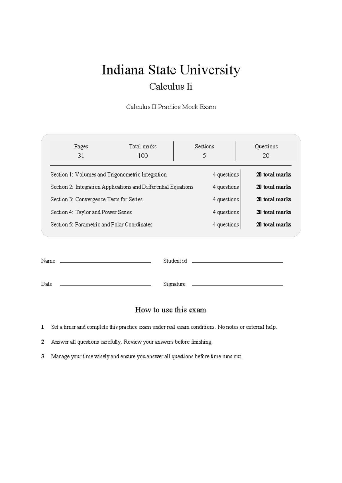 MATH 132H Calculus II ISU Practice Mock Exam 2026 - Studocu