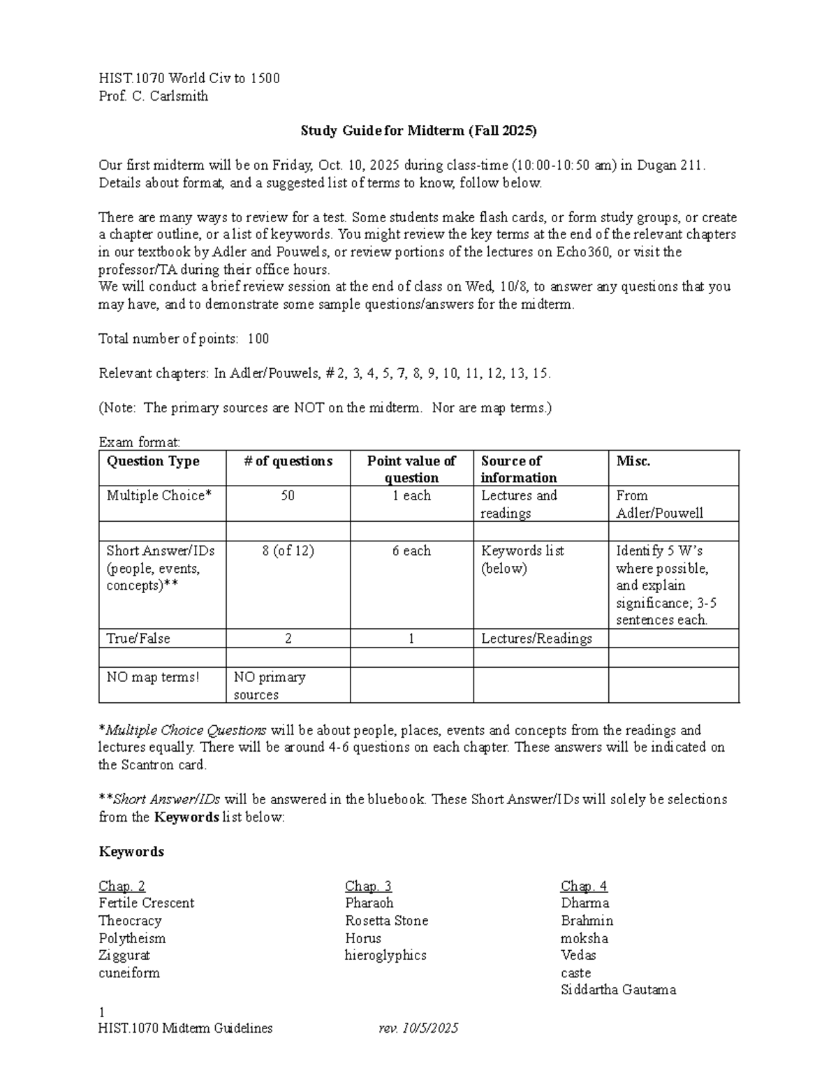 HIST.1070 Midterm Exam Study Guide (Fall 2025) - Studocu