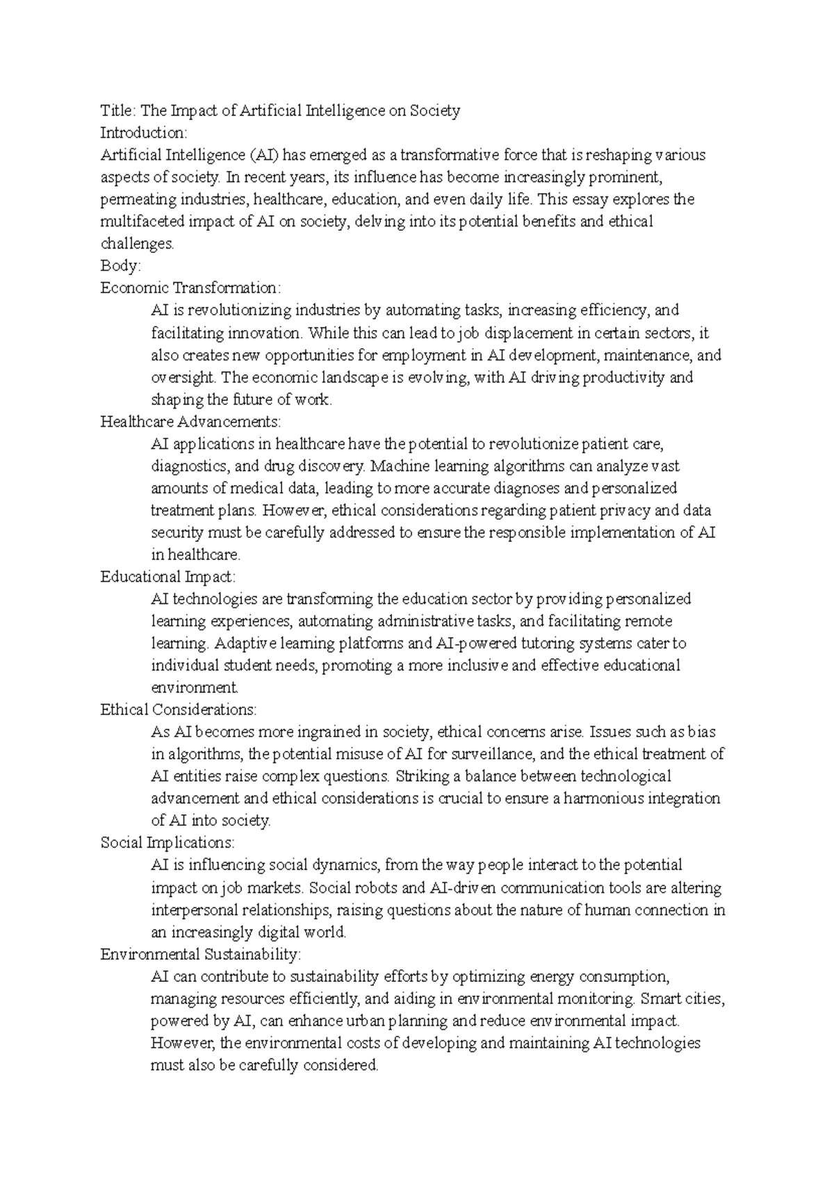 EDU225 - The Impact of AI on Society: An Essay Analysis - Studocu