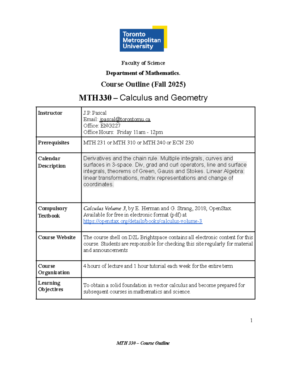 MTH330 Course Outline: Calculus and Geometry (Fall 2025) - Studocu