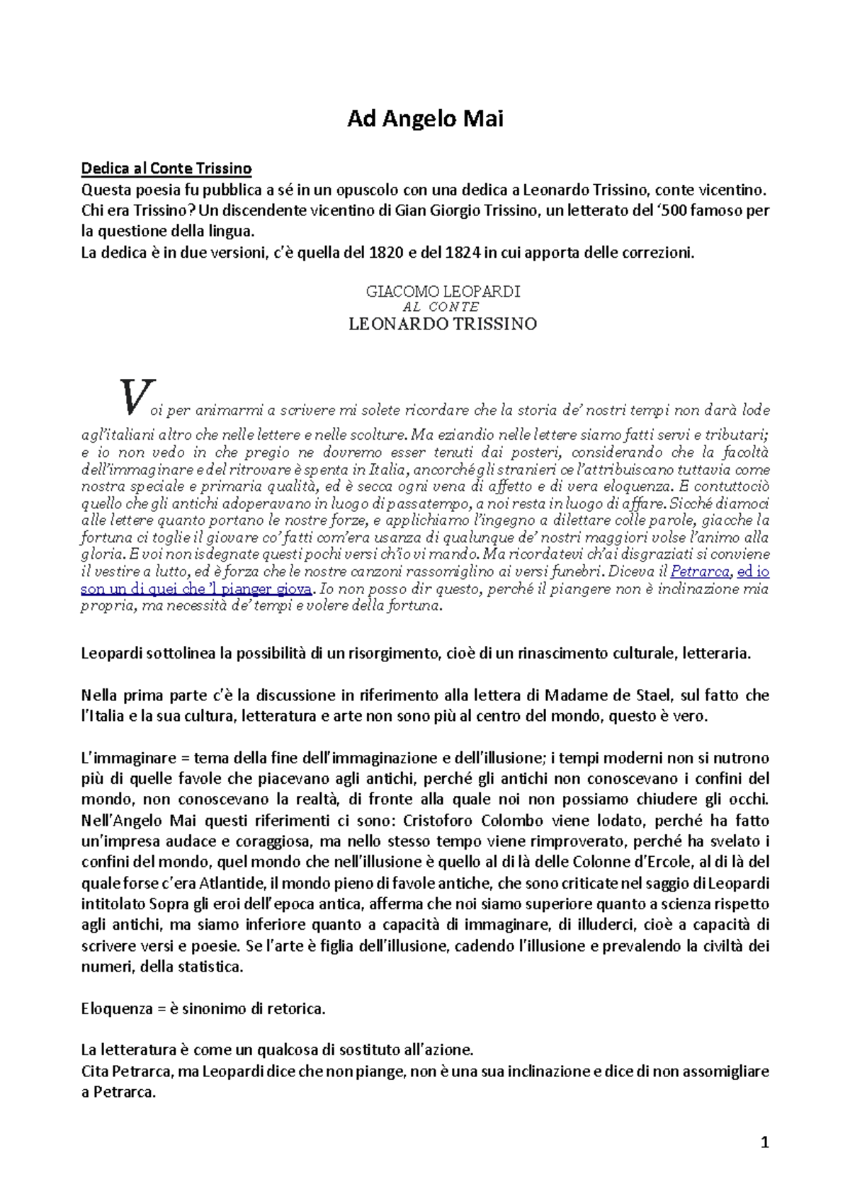 Ad Angelo Mai - I canti di Leopardi - Ad Angelo Mai Dedica al Conte ...