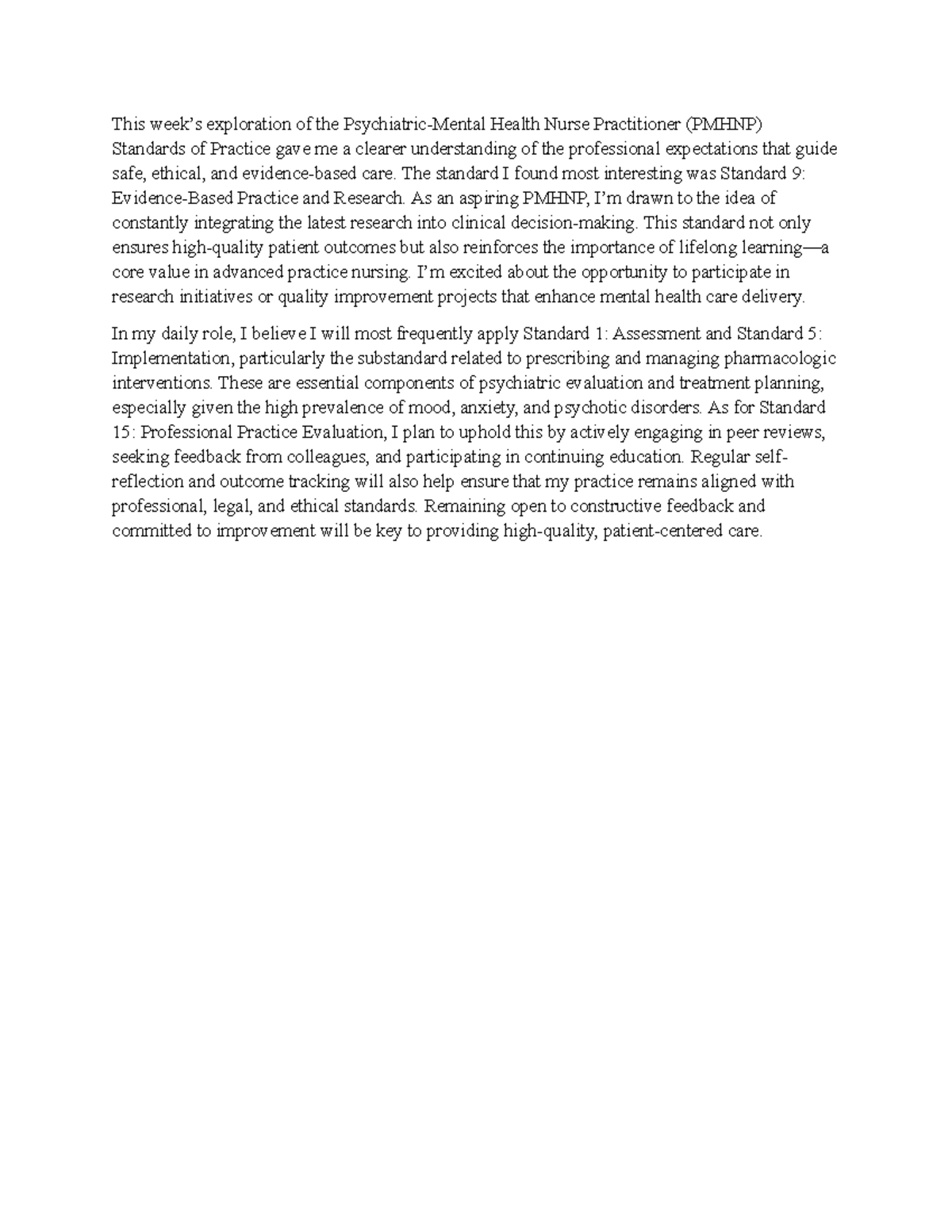 PMHNP Week 2 Reflection: Standards of Practice Insights - Studocu