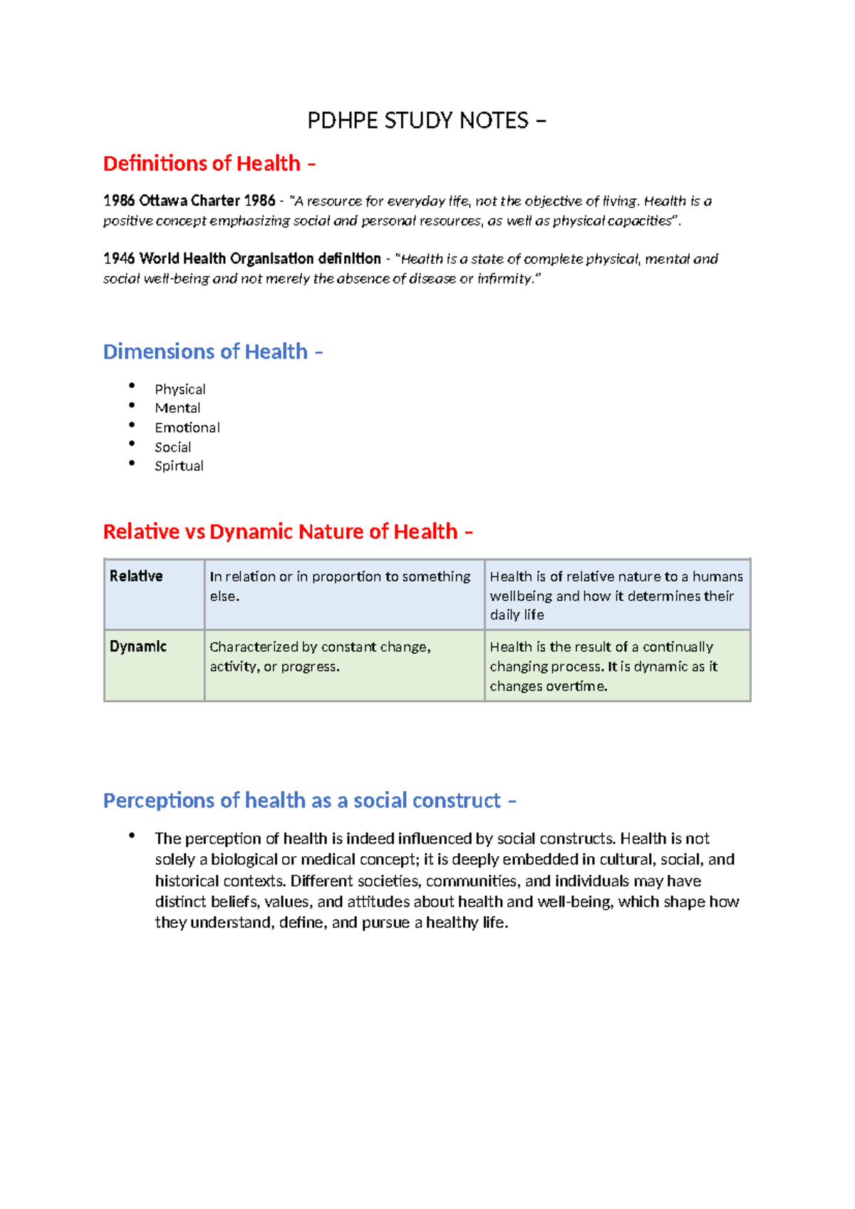 PDHPE Study Notes - Year 11 Health Concepts and Contexts - Studocu