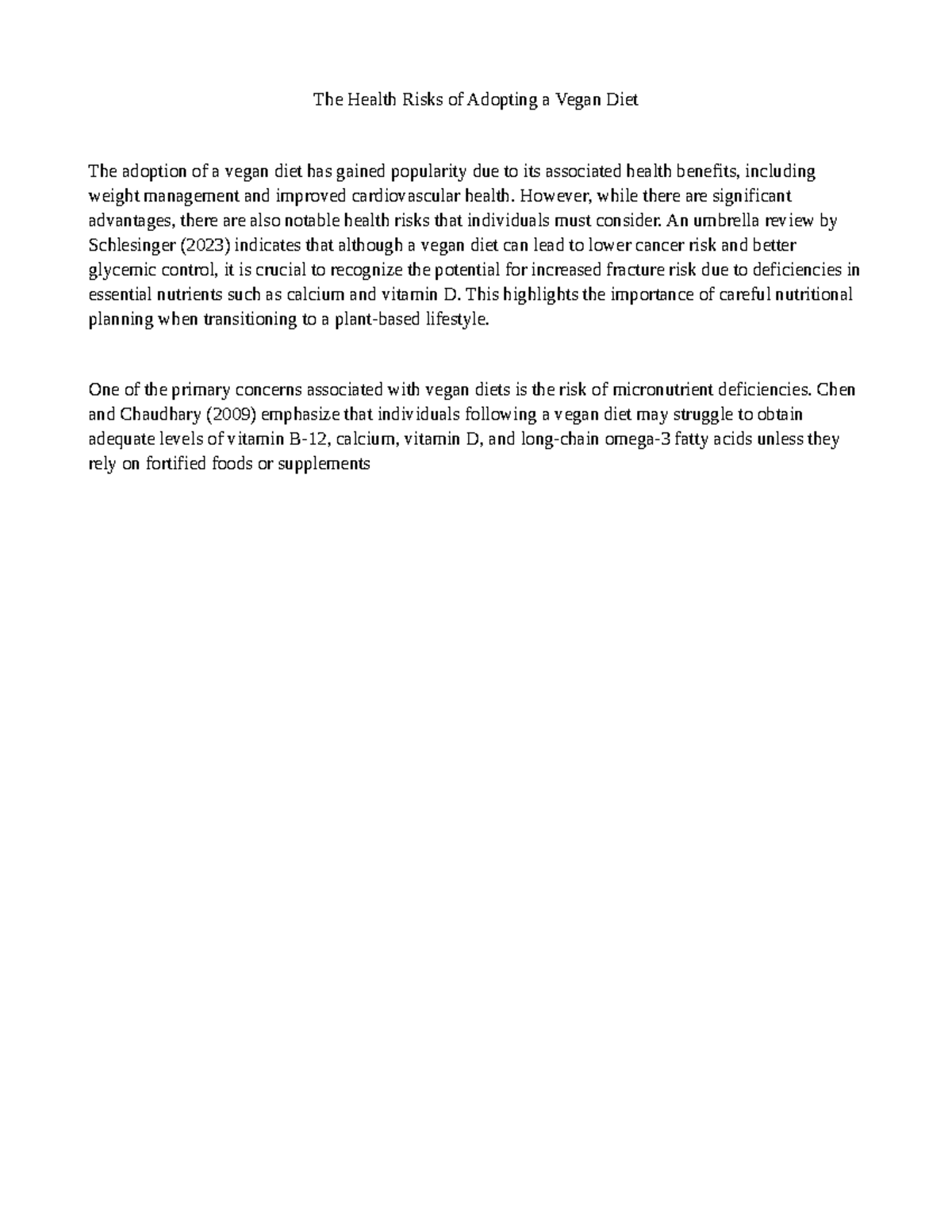 Health Risks of Adopting a Vegan Diet: A Comprehensive Review - Studocu