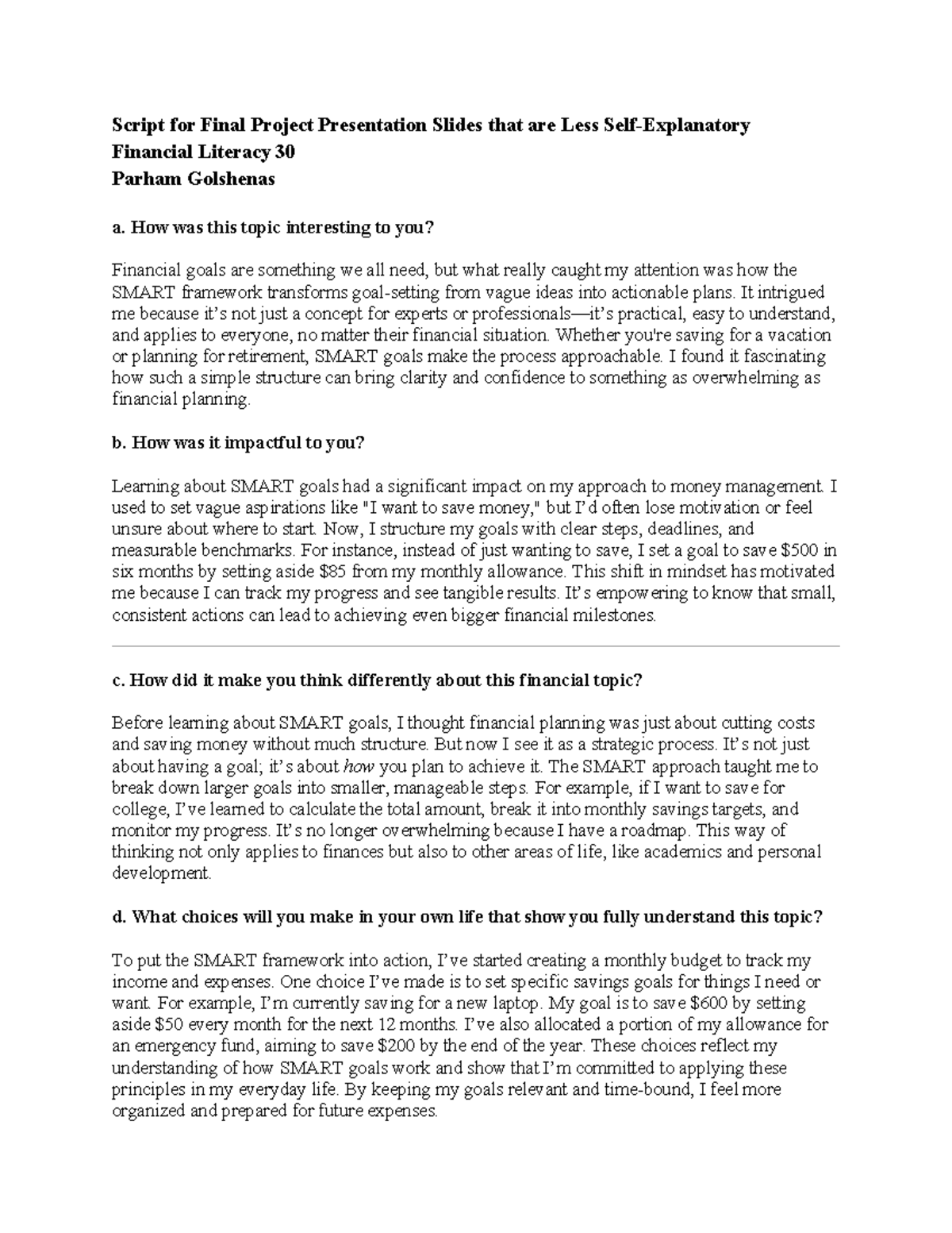 Financial Literacy Script - Script for Final Project Presentation ...