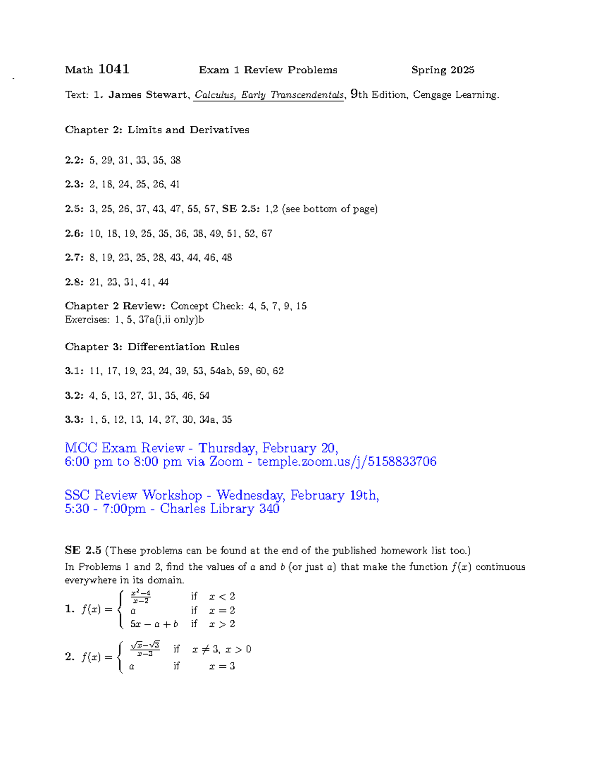 Math 1041 Exam 1 Review Problems - Spring 2025 Study Guide - Studocu