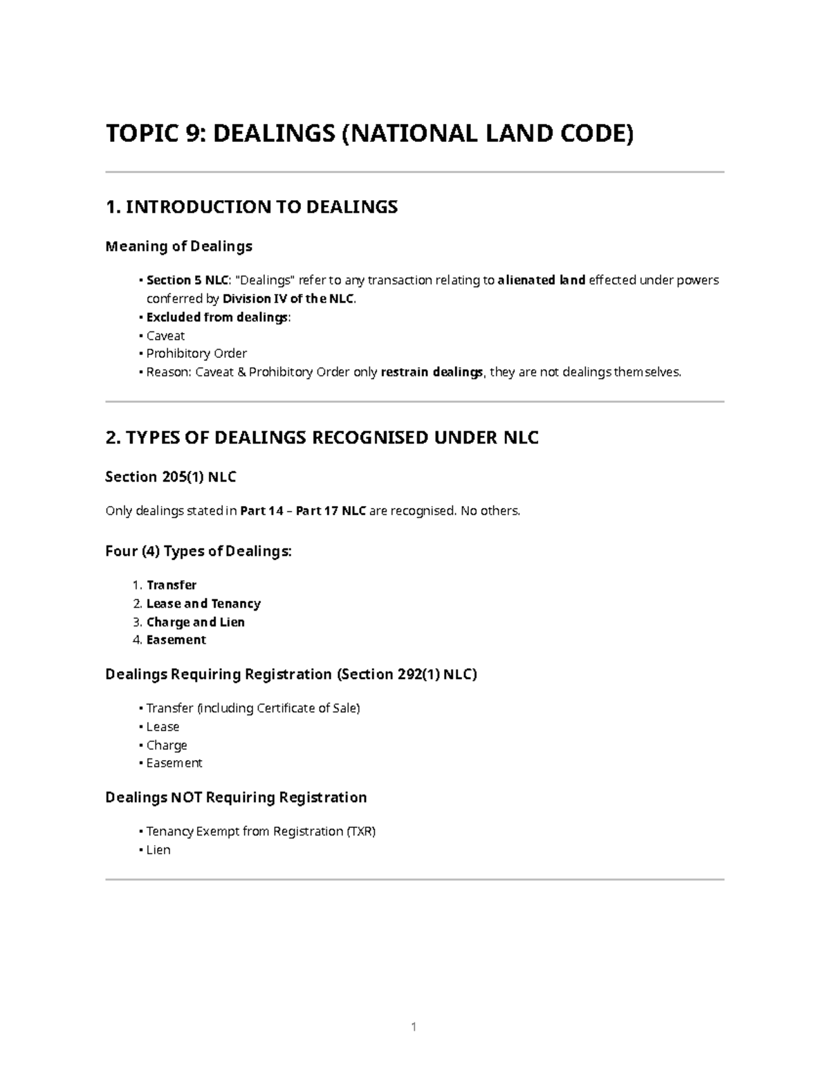 Revision Notes on Dealings (NLC) - Topic 9 Overview - Studocu