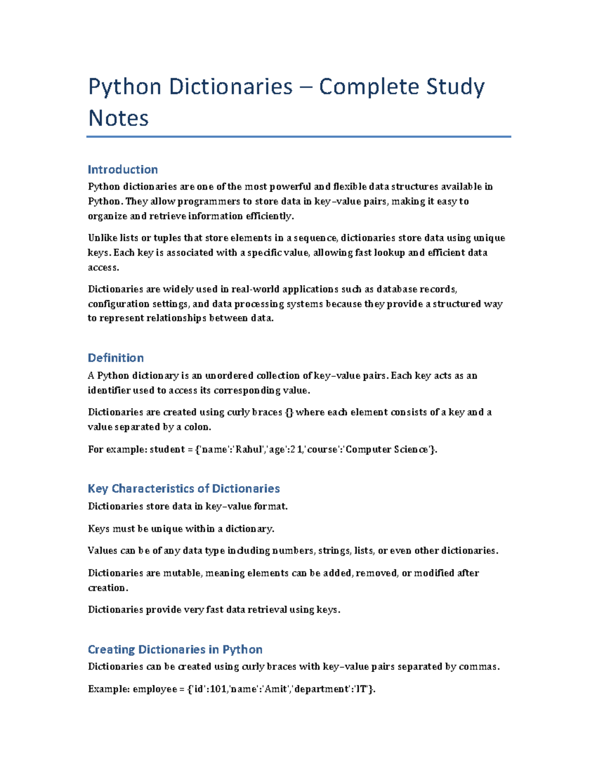 Python Dictionaries (PYTHON101) Study Guide: Methods & Applications ...
