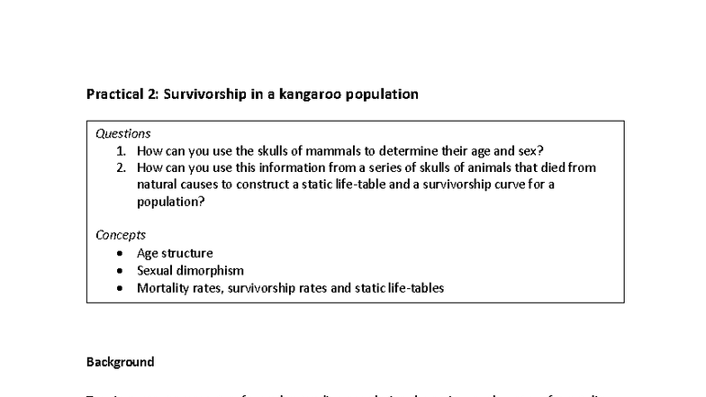 Kangaroo Prac Notes: Survivorship Analysis and Skull Measurements - Studocu