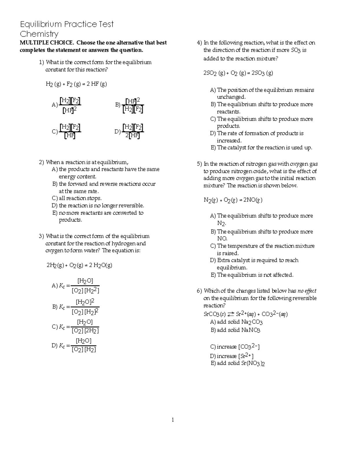 Equilibrium Practice Test Chemistry (CHEM 101) - Multiple Choice ...