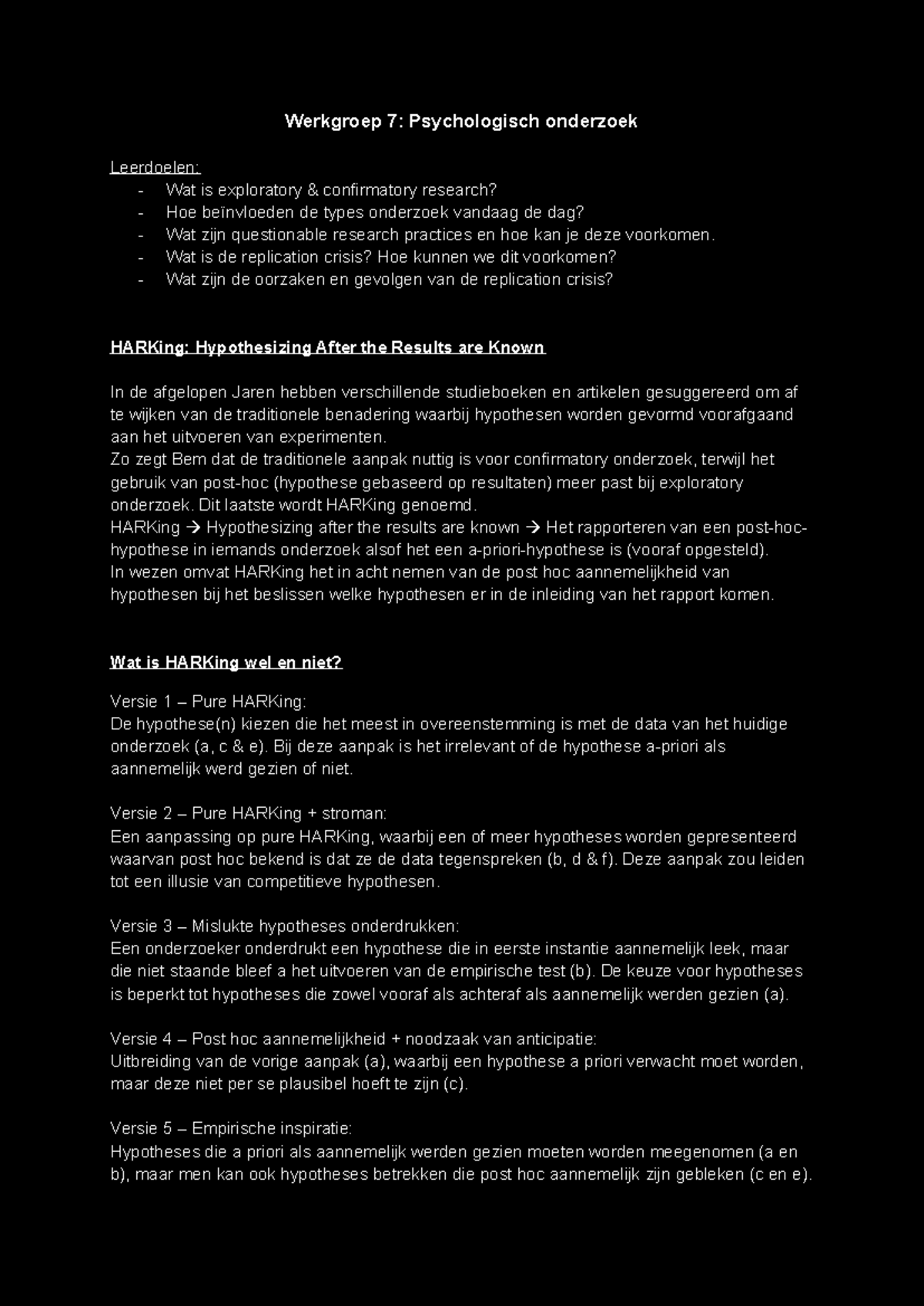 Werkgroep 7: Exploratory vs Confirmatory Research en HARKing - Studeersnel